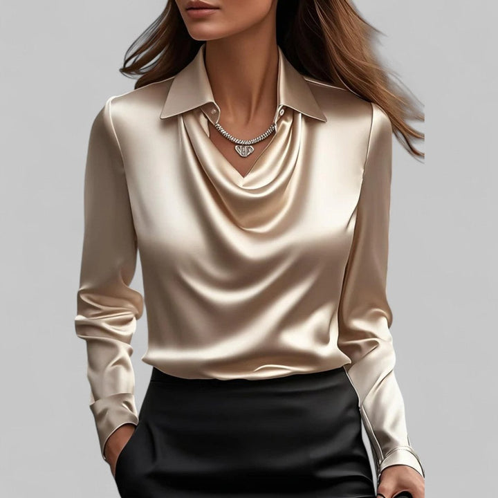 Women's Satin Long-Sleeve Blouse Draped Cowl Collar