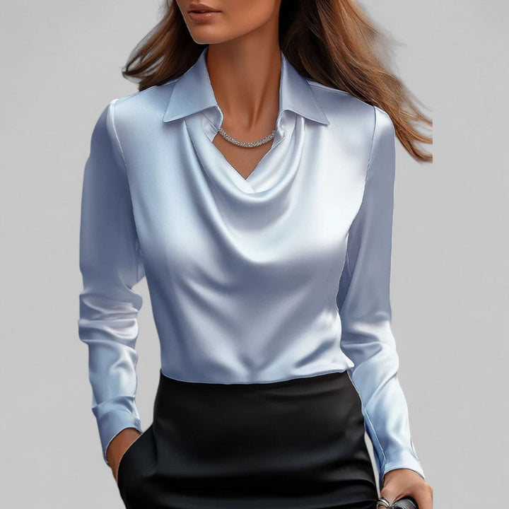 Women's Satin Long-Sleeve Blouse Draped Cowl Collar