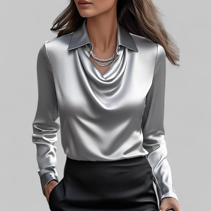 Women's Satin Long-Sleeve Blouse Draped Cowl Collar