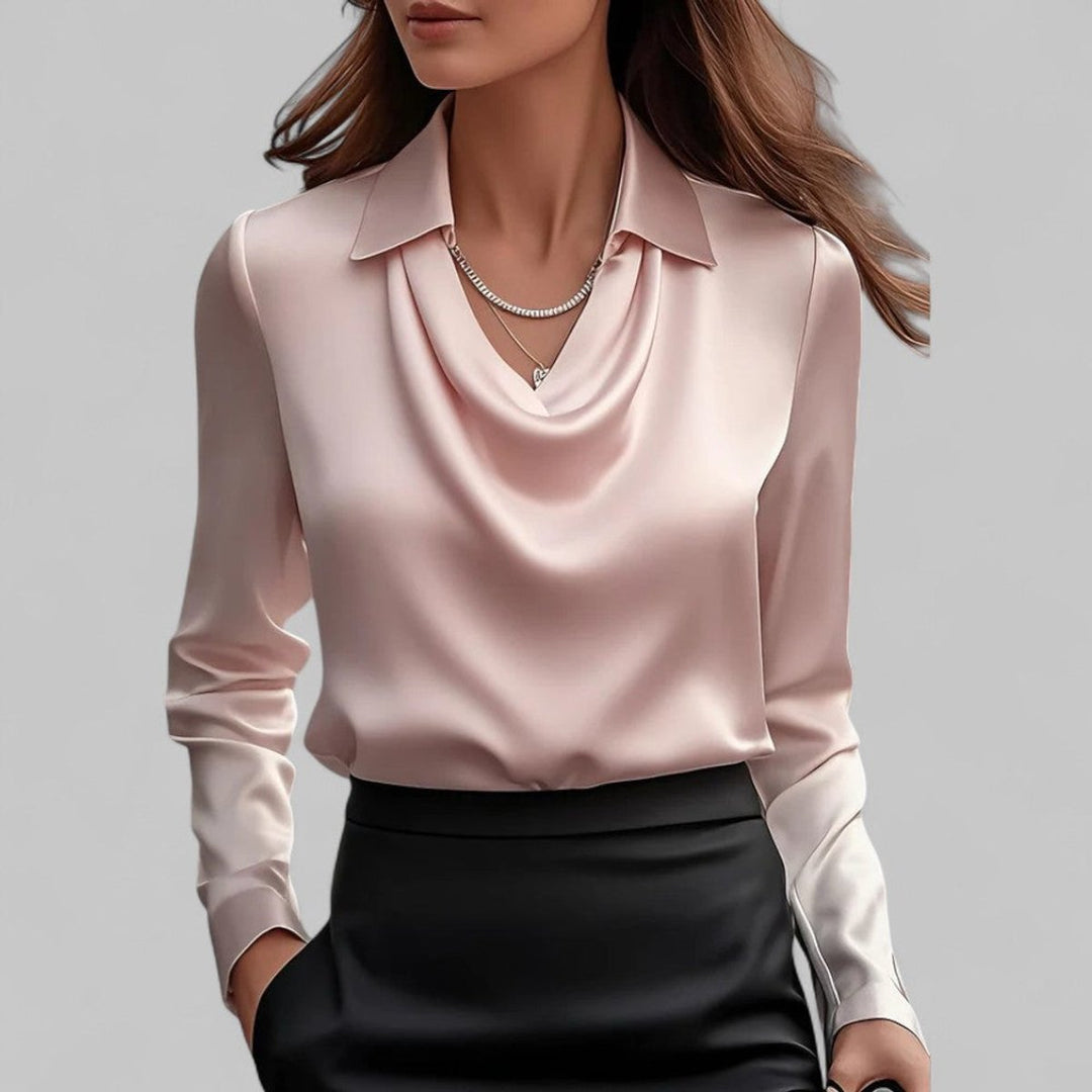 Women's Satin Long-Sleeve Blouse Draped Cowl Collar