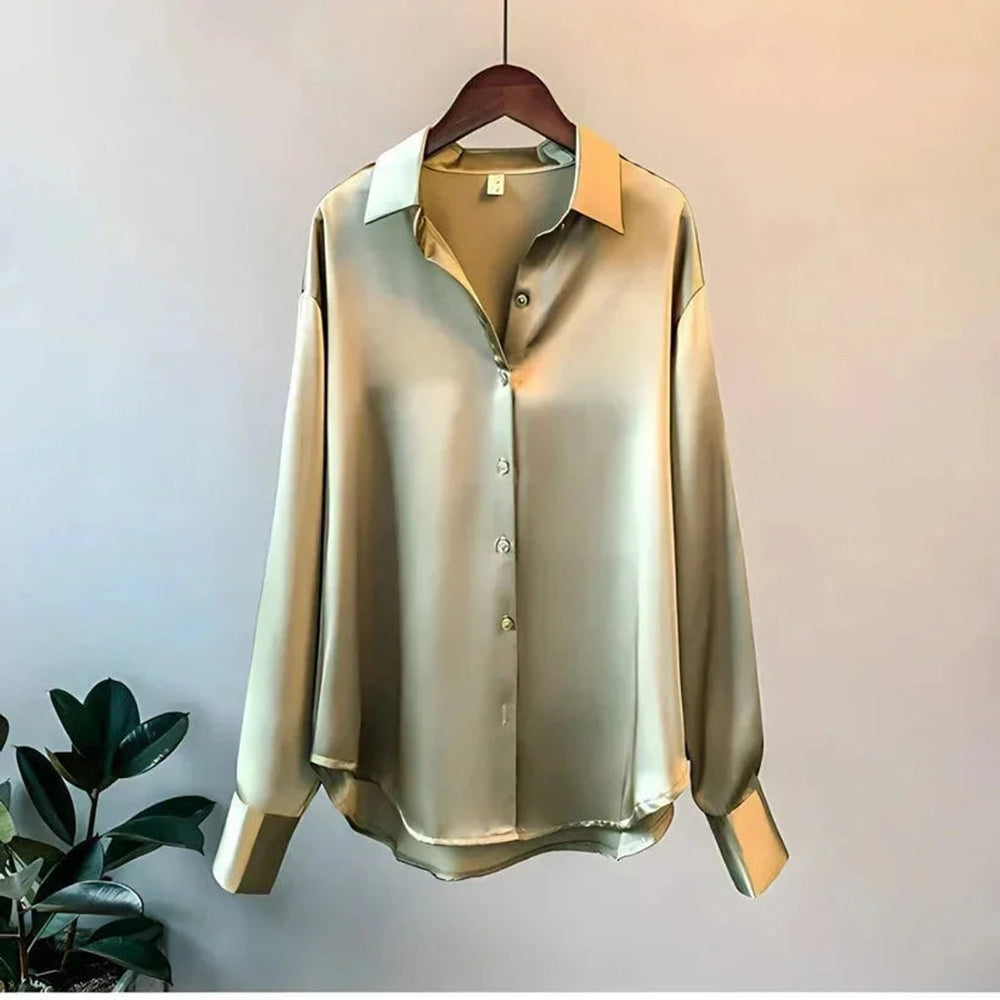 Women's Satin Long-Sleeve Button-Up Blouse