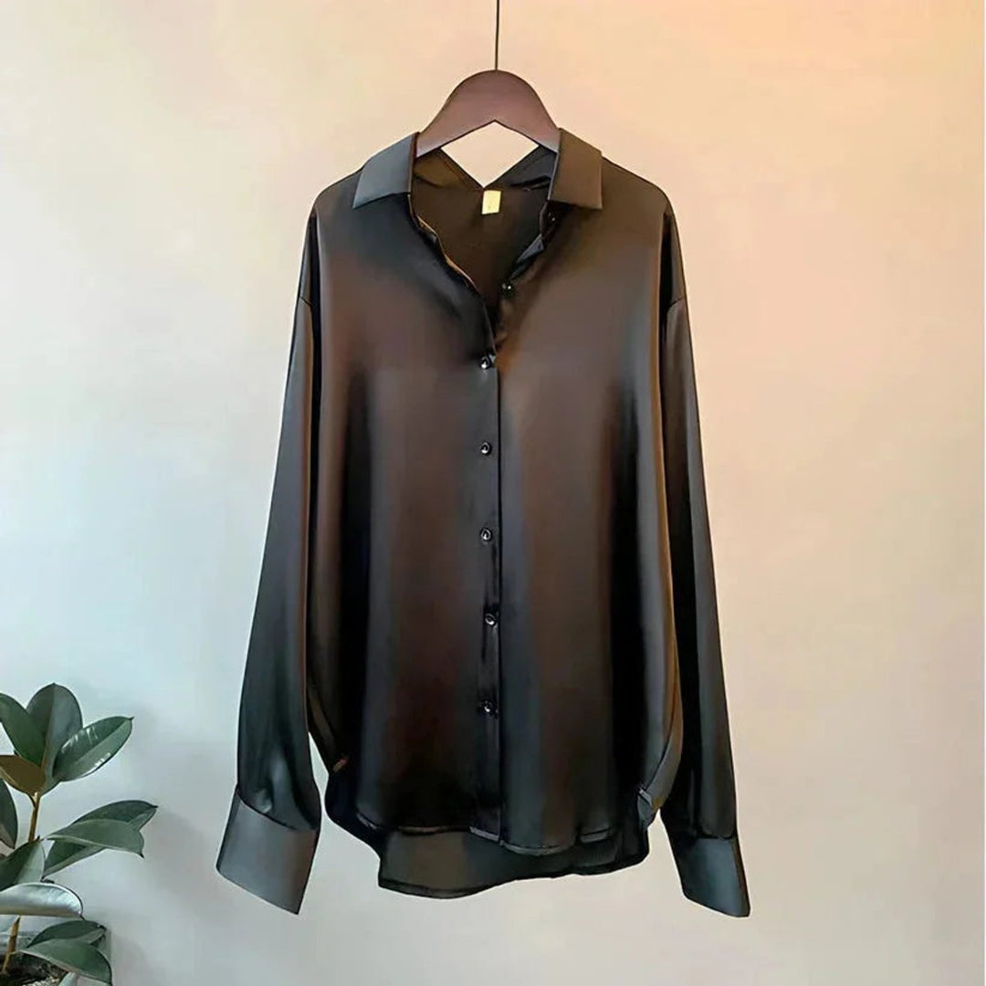 Women's Satin Long-Sleeve Button-Up Blouse
