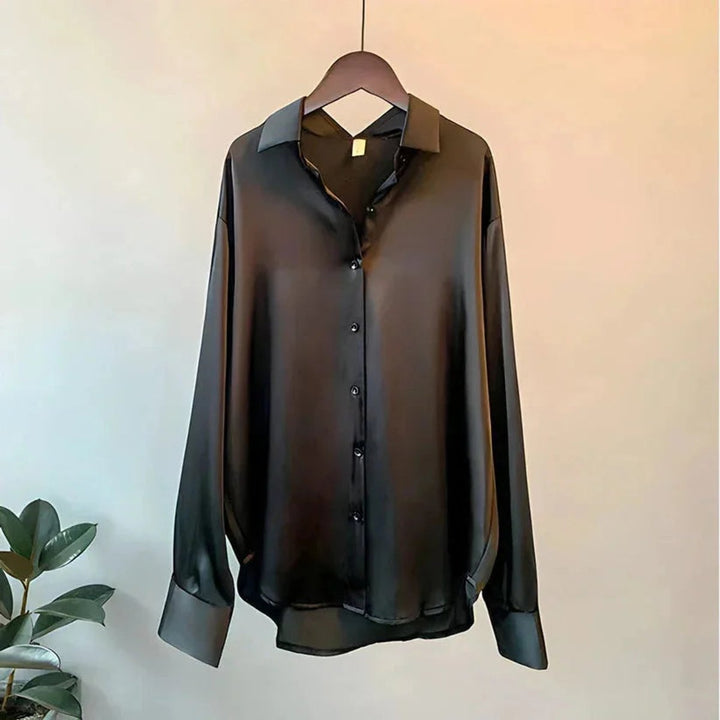 Women's Satin Long-Sleeve Button-Up Blouse