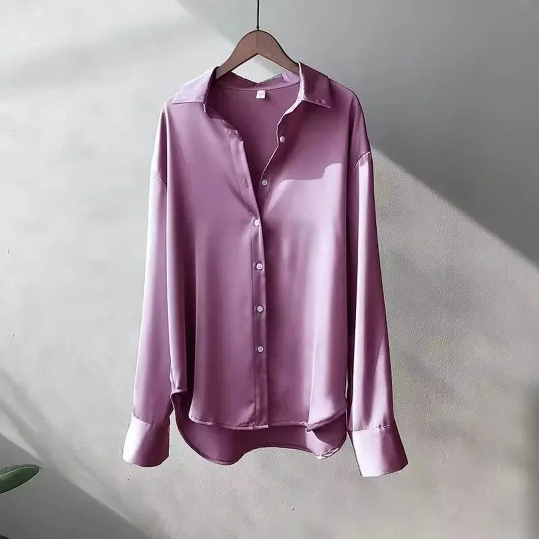 Women's Satin Long-Sleeve Button-Up Blouse