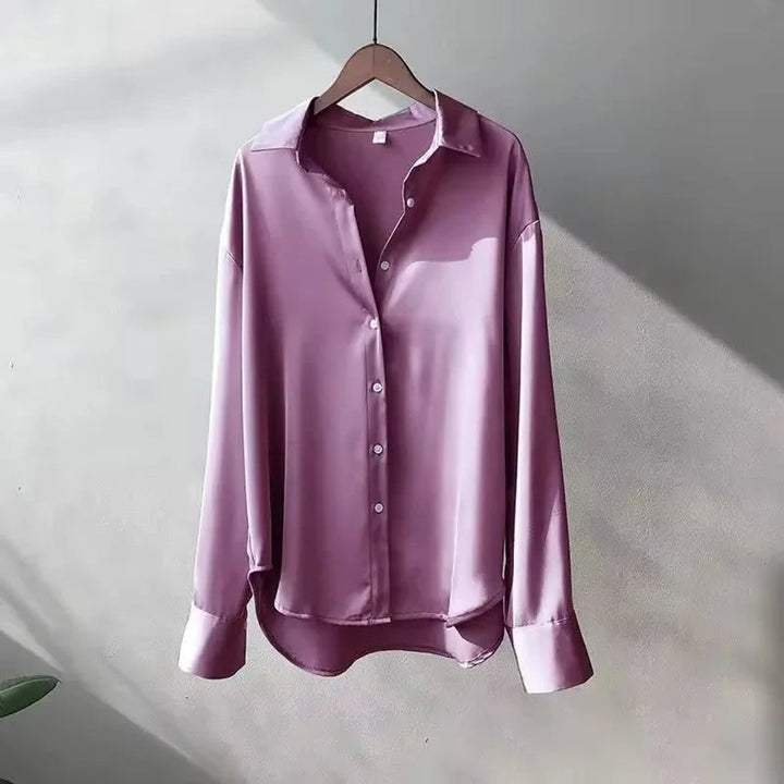 Women's Satin Long-Sleeve Button-Up Blouse