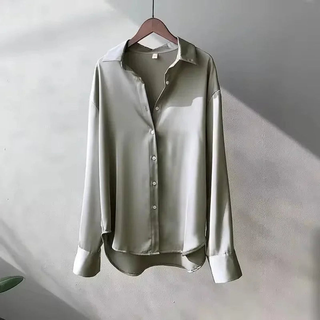 Women's Satin Long-Sleeve Button-Up Blouse