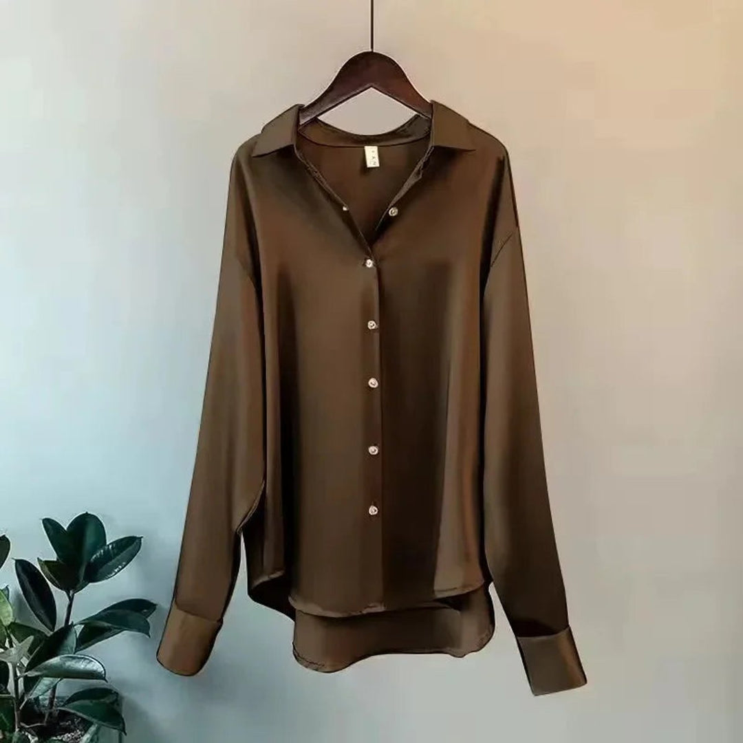 Women's Satin Long-Sleeve Button-Up Blouse