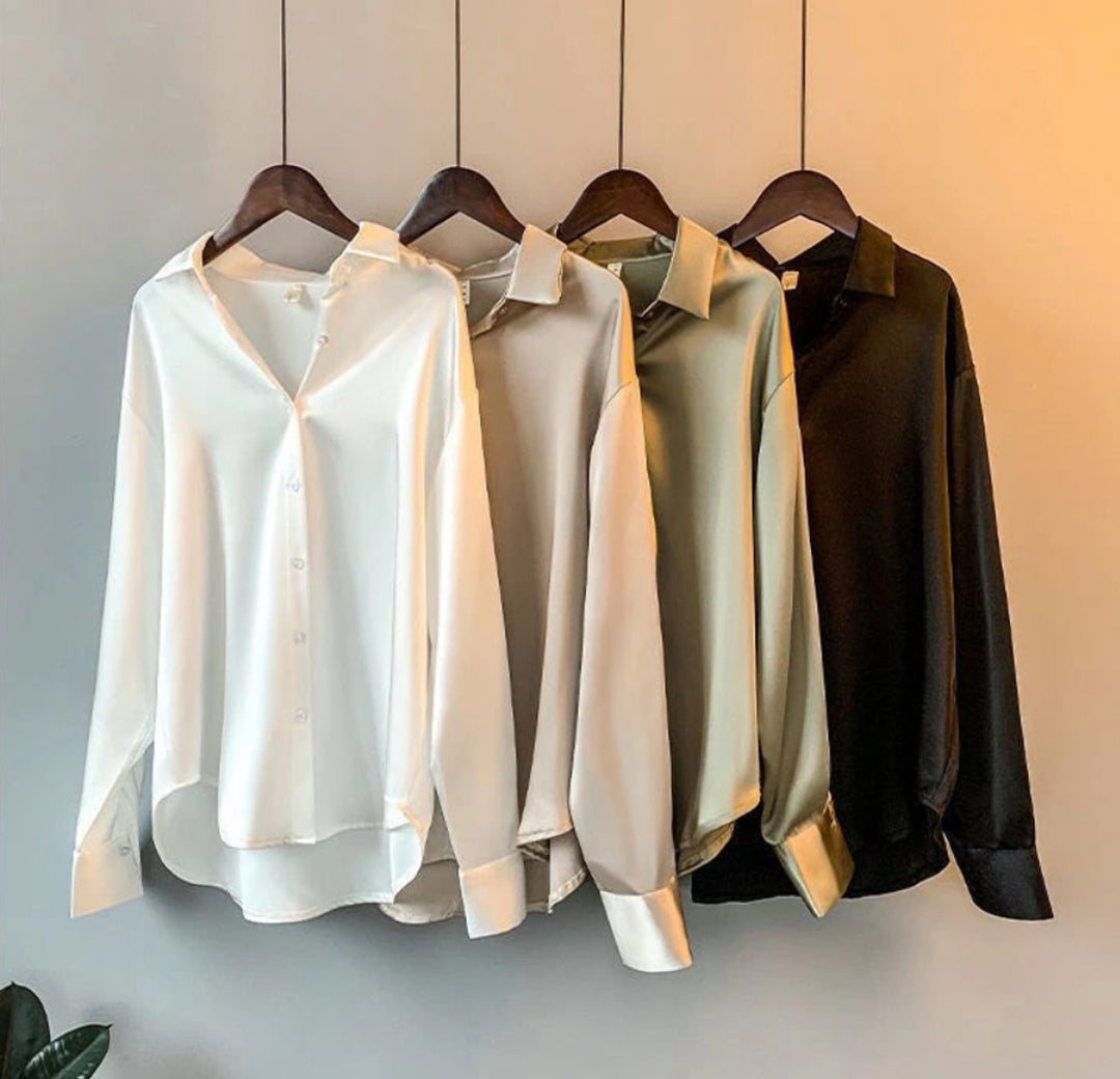 Women's Satin Long-Sleeve Relaxed Vintage Blouse