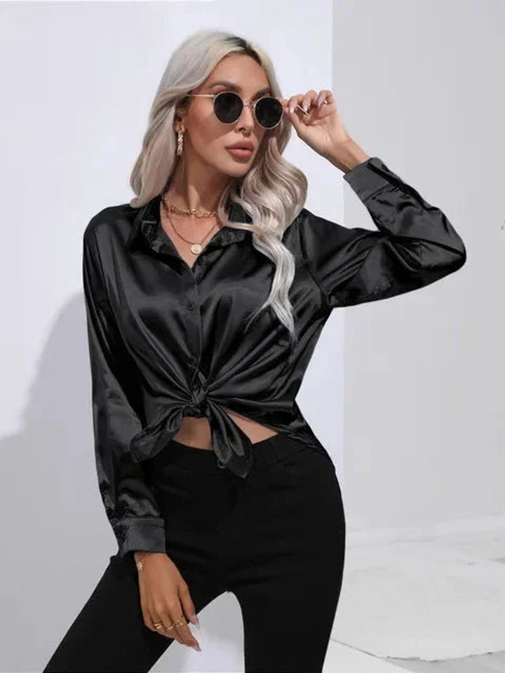 Women's Satin Long-Sleeve Tie-Front Blouse