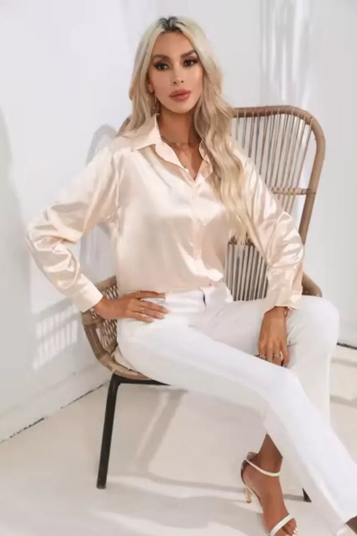 Women's Satin Long-Sleeve Tie-Front Blouse