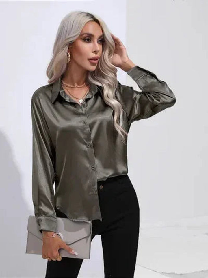 Women's Satin Long-Sleeve Tie-Front Blouse