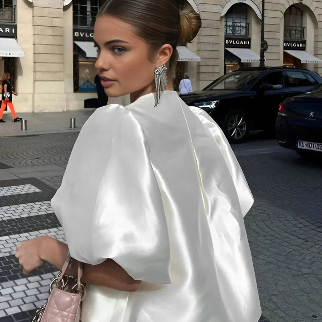 Women's Satin Puff-Sleeve Blouse Loose-Fit Elegant Top