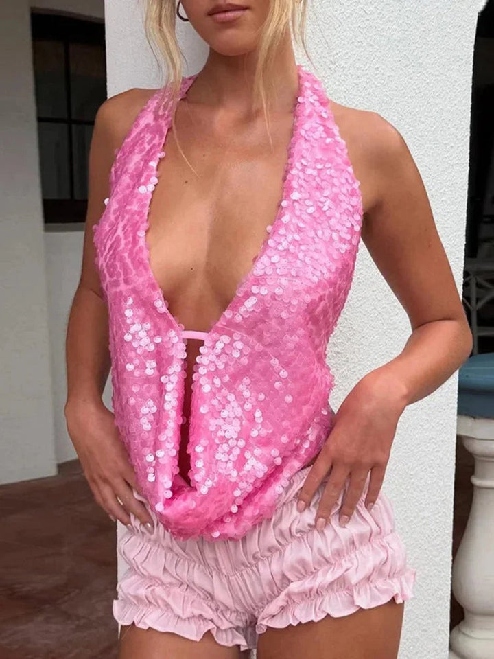 Women's Sequin Halter Neck Glamour Party Top