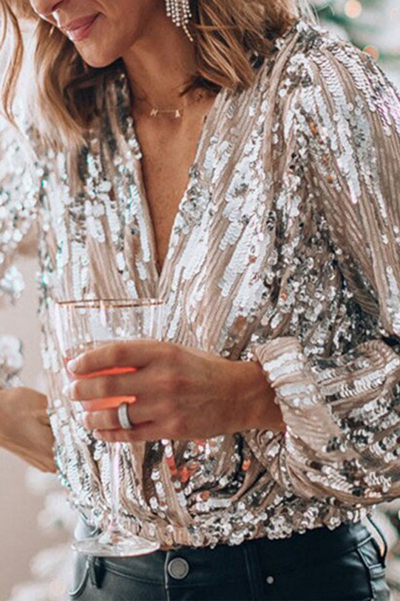 Women's Sequin Long-Sleeve Blouse V-Neck Party Top
