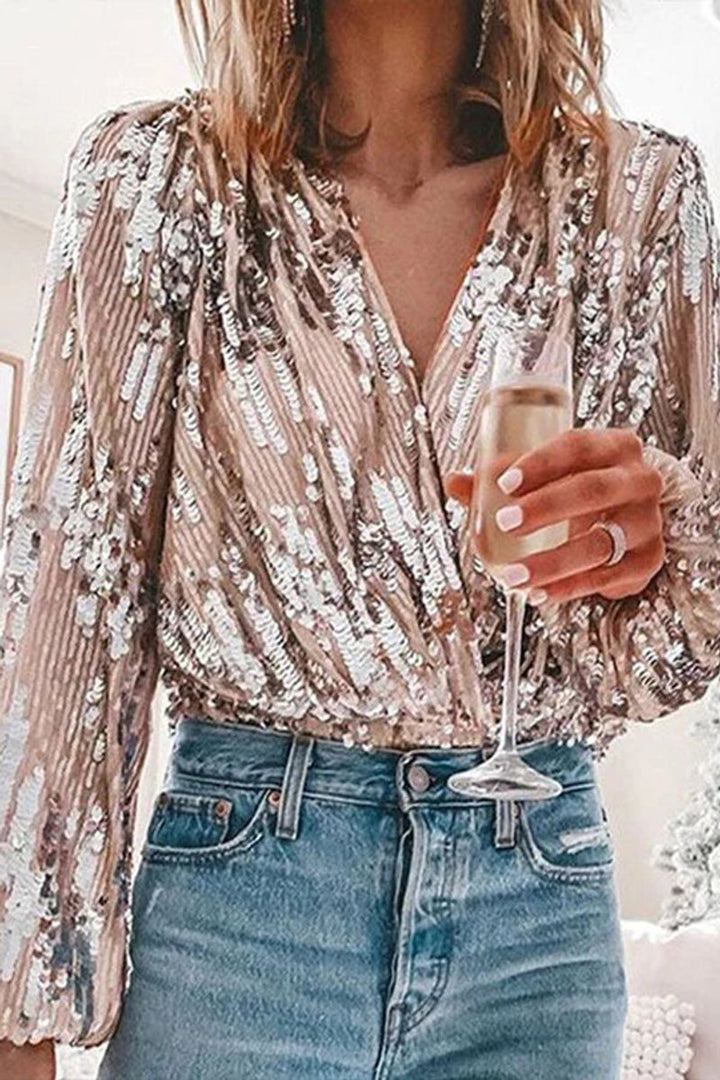 Women's Sequin Long-Sleeve Blouse V-Neck Party Top