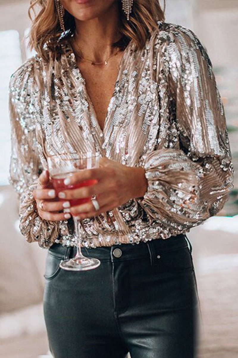Women's Sequin Long-Sleeve Blouse V-Neck Party Top