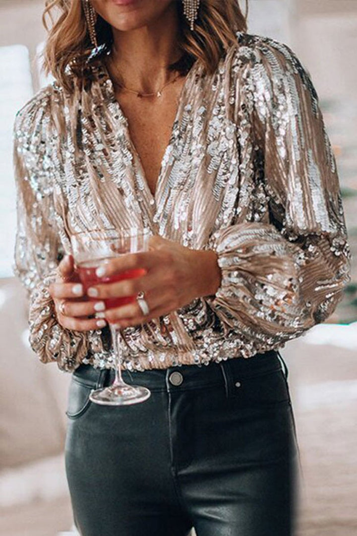 Women's Sequin Long-Sleeve Blouse V-Neck Party Top