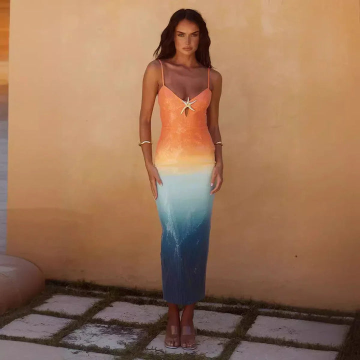 Women's Sequin Ombre Spaghetti Strap Party Midi Dress