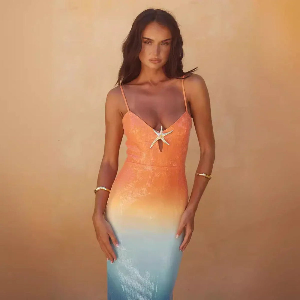 Women's Sequin Ombre Spaghetti Strap Party Midi Dress