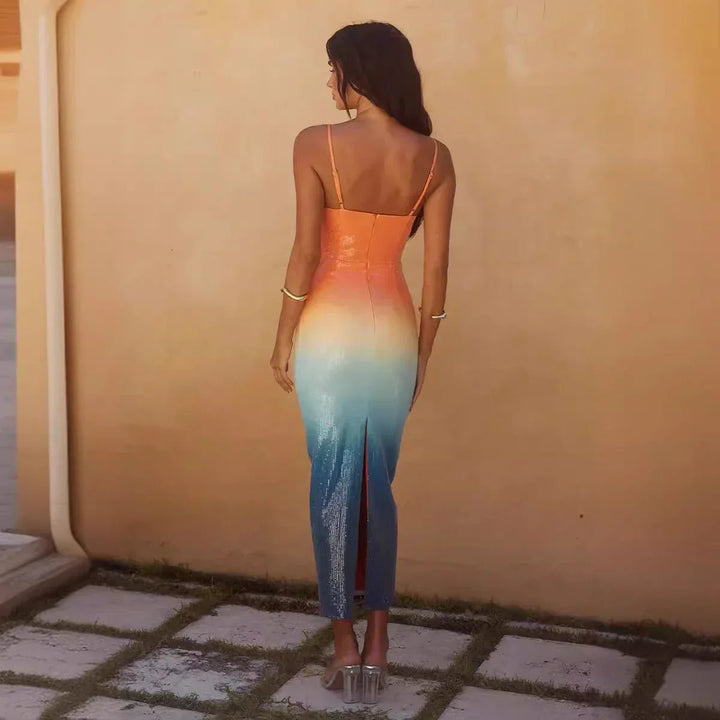 Women's Sequin Ombre Spaghetti Strap Party Midi Dress