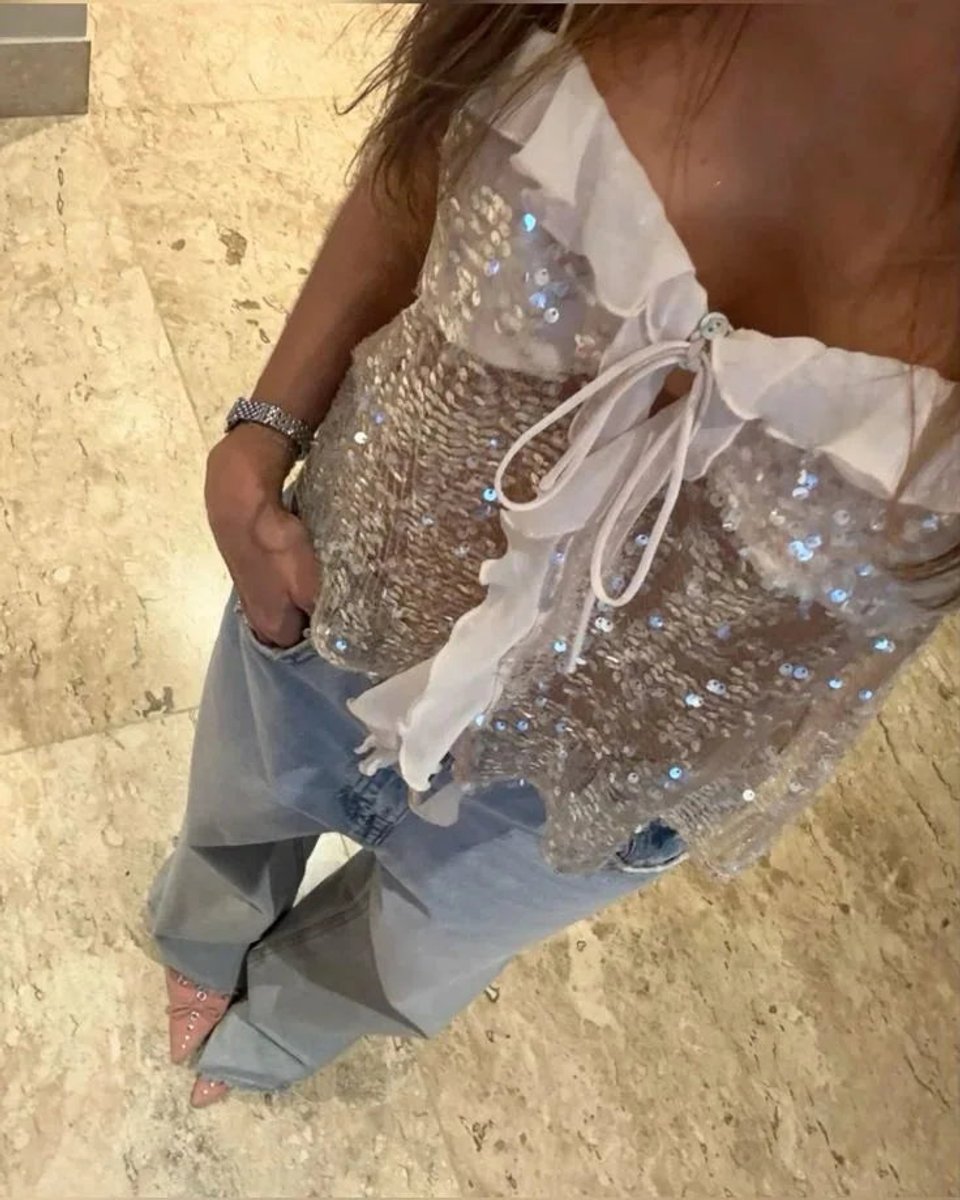 Women's Sequin Organza-Ruffle Cami Blouse Vintage Party Top