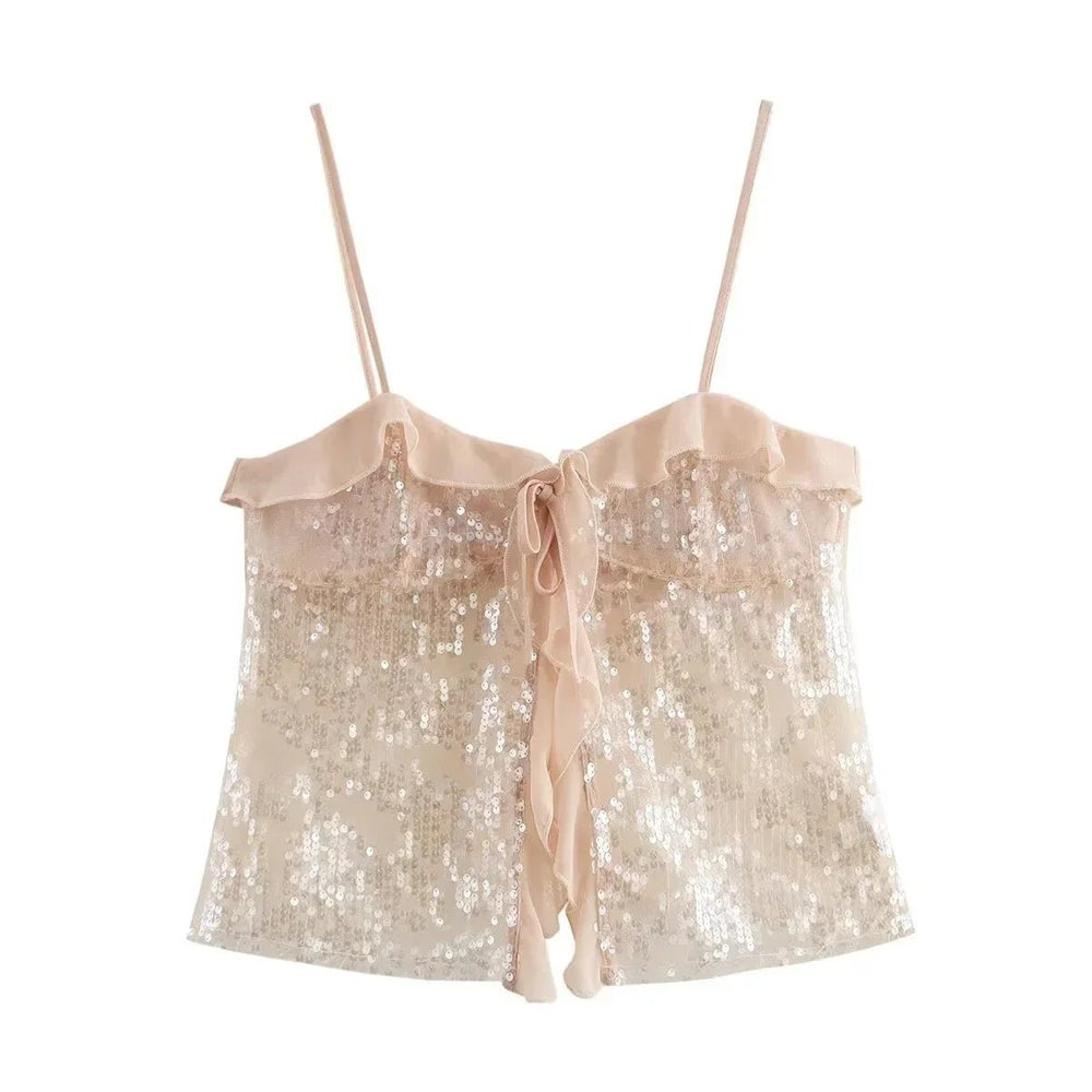 Women's Sequin Organza-Ruffle Cami Blouse Vintage Party Top