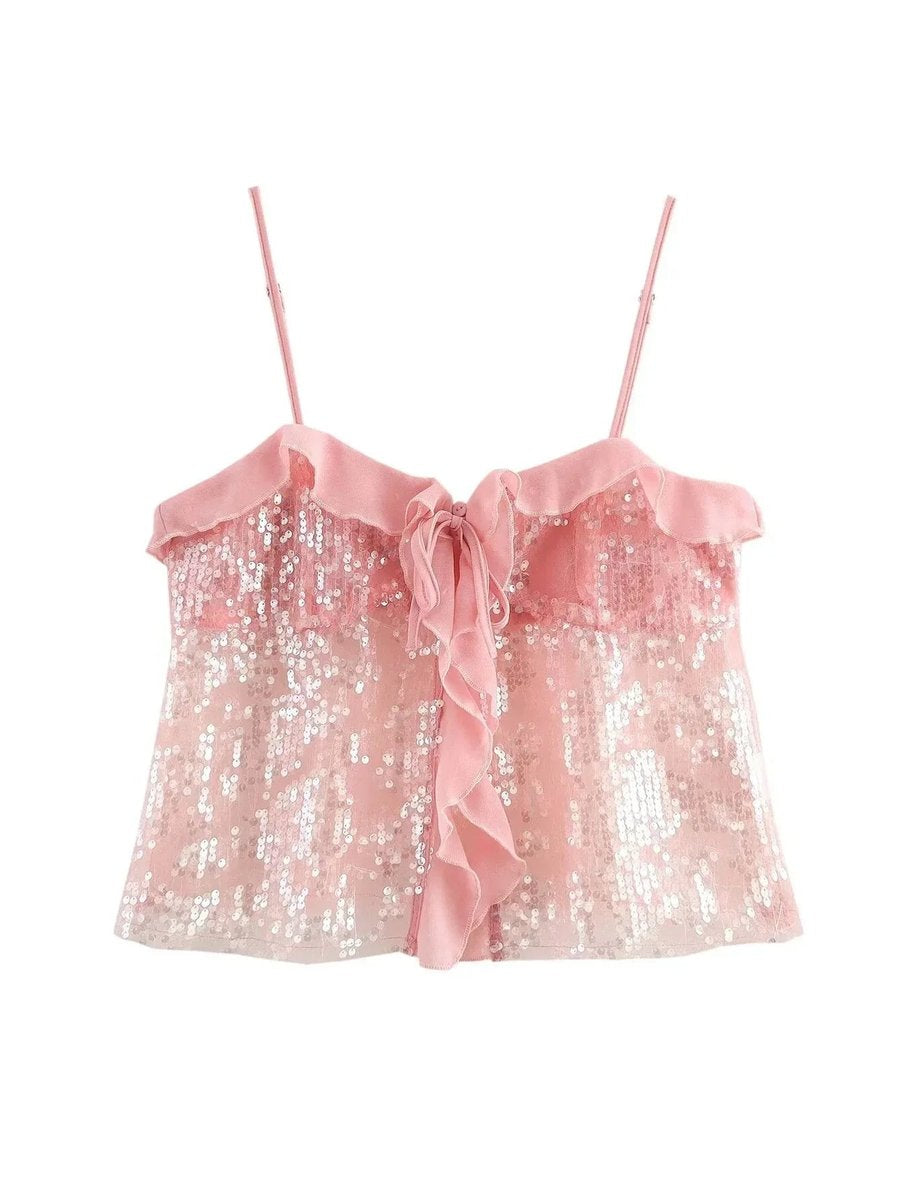 Women's Sequin Organza-Ruffle Cami Blouse Vintage Party Top
