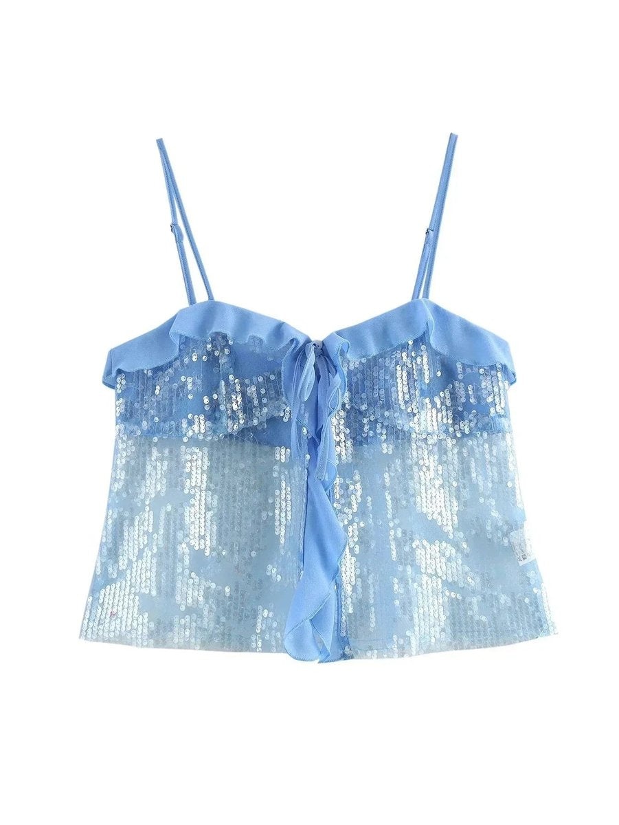 Women's Sequin Organza-Ruffle Cami Blouse Vintage Party Top