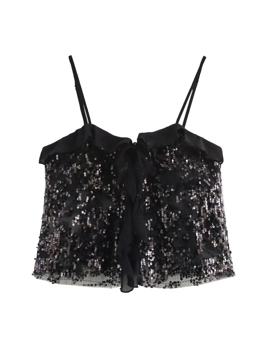 Women's Sequin Organza-Ruffle Cami Blouse Vintage Party Top