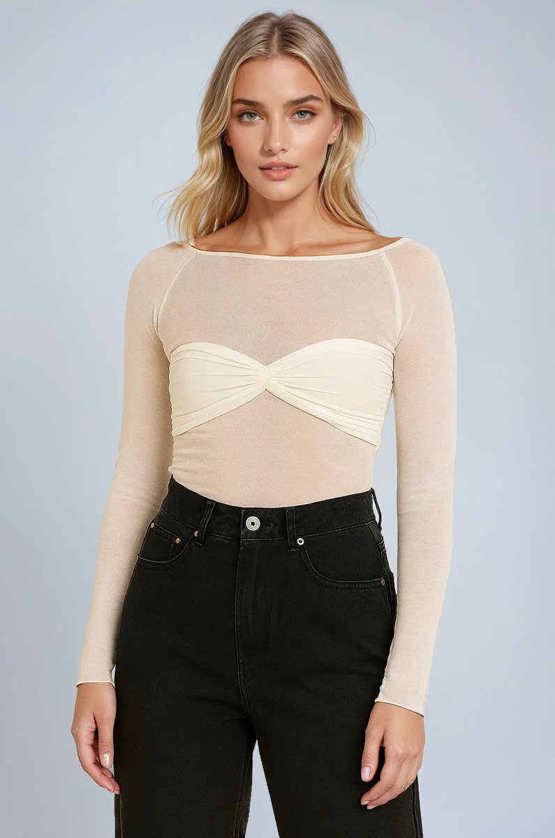 Women's Sheer Knit Twisted-Bust Long-Sleeve Top