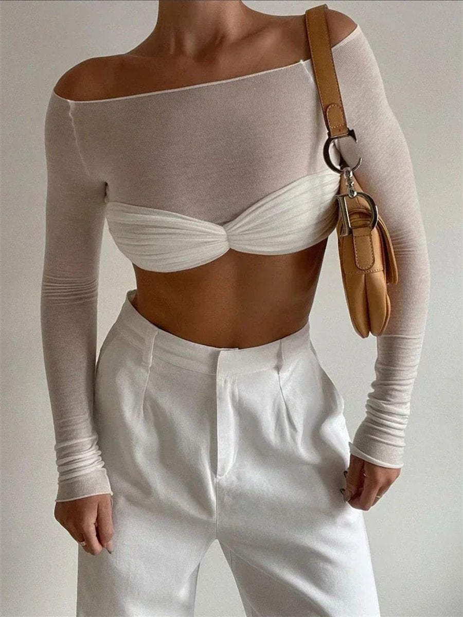 Women's Sheer Knit Twisted-Bust Long-Sleeve Top