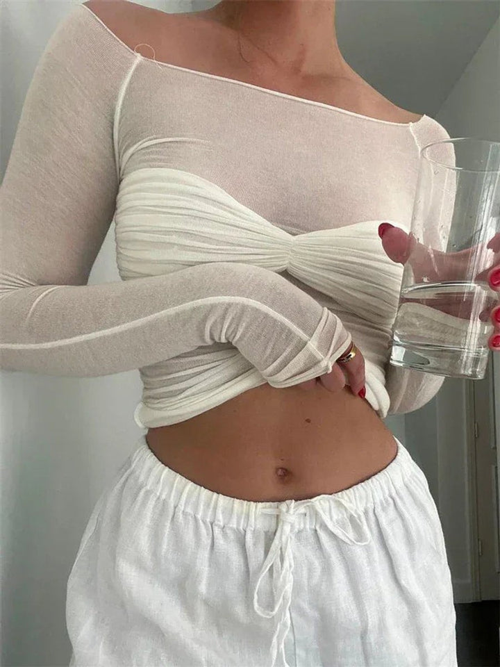 Women's Sheer Knit Twisted-Bust Long-Sleeve Top
