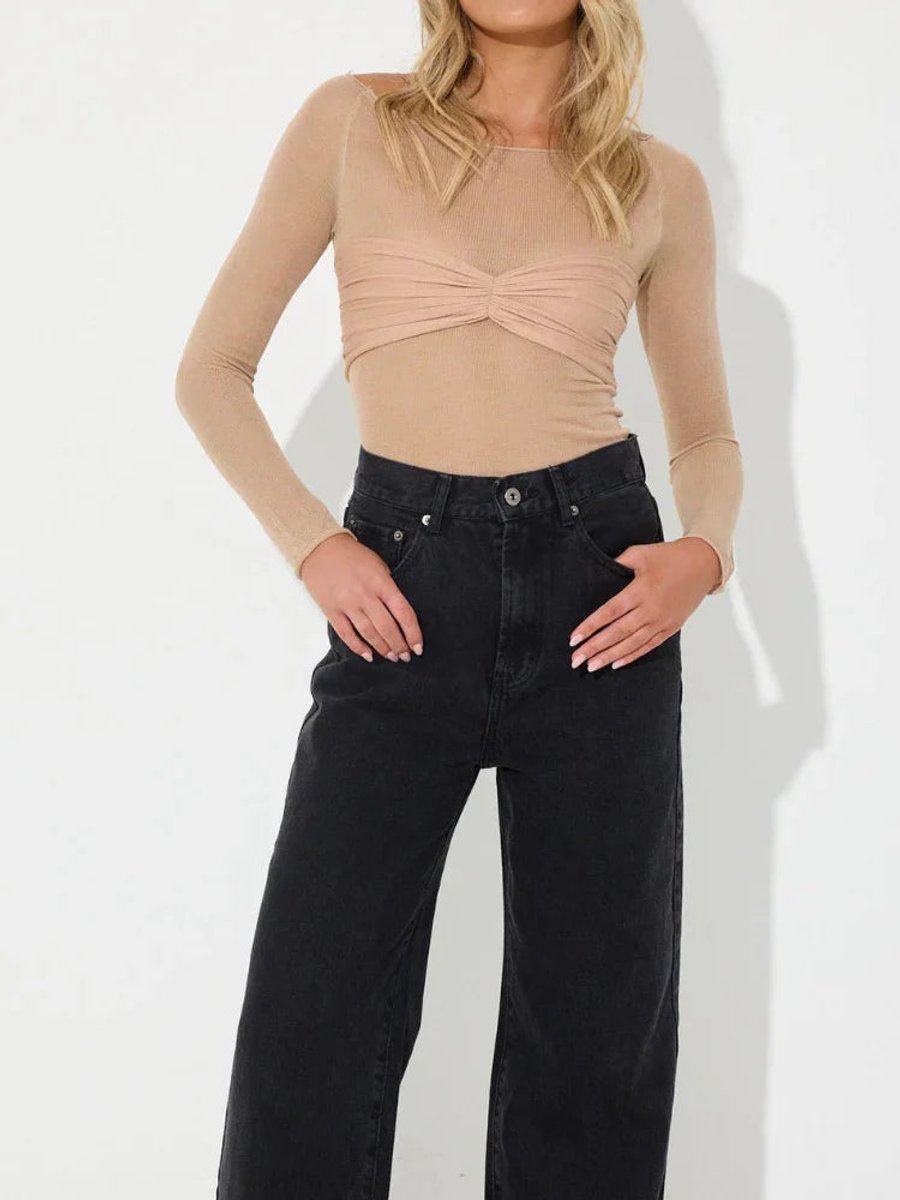 Women's Sheer Knit Twisted-Bust Long-Sleeve Top