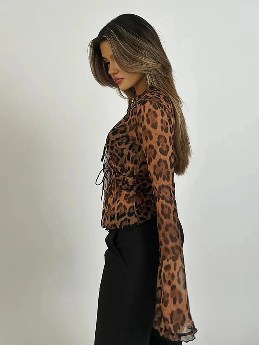 Women's Sheer Leopard Print Long-Sleeve Vintage Blouse
