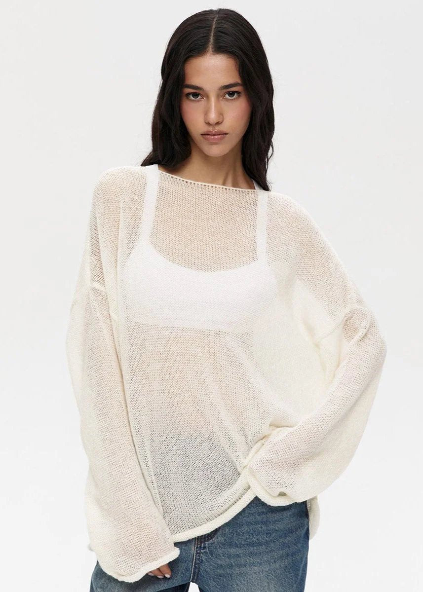 Women's Sheer Oversized Lightweight Knitted Jumper Batwing Sleeve