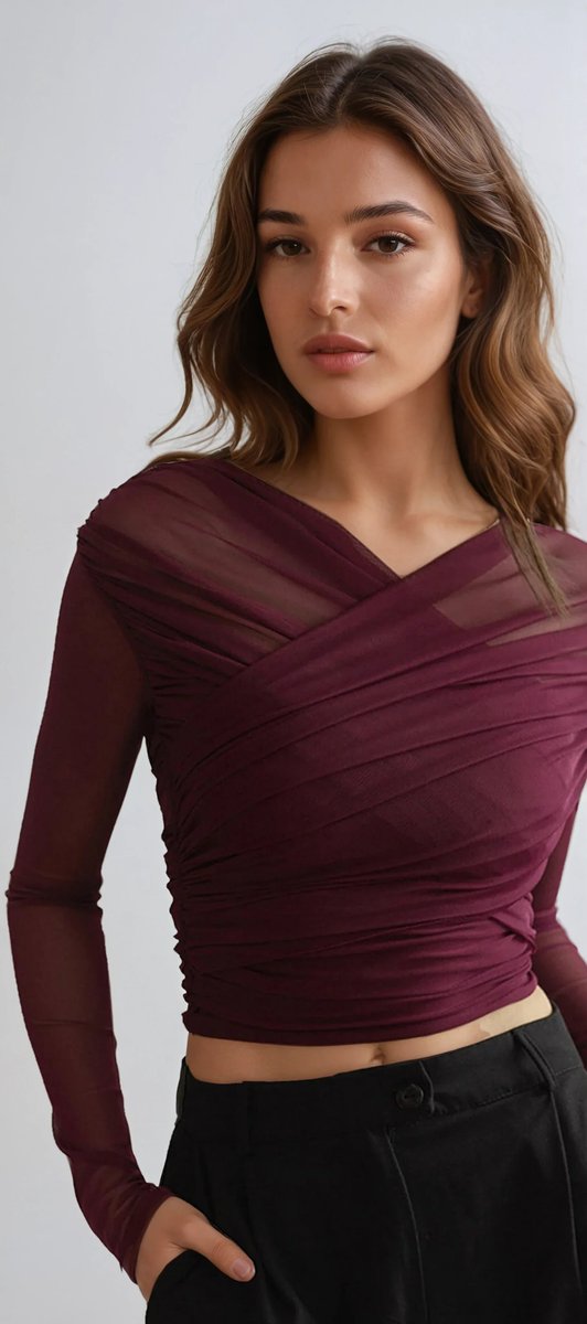 Women's Sheer Pleated Long-Sleeve Wrap Blouse Top