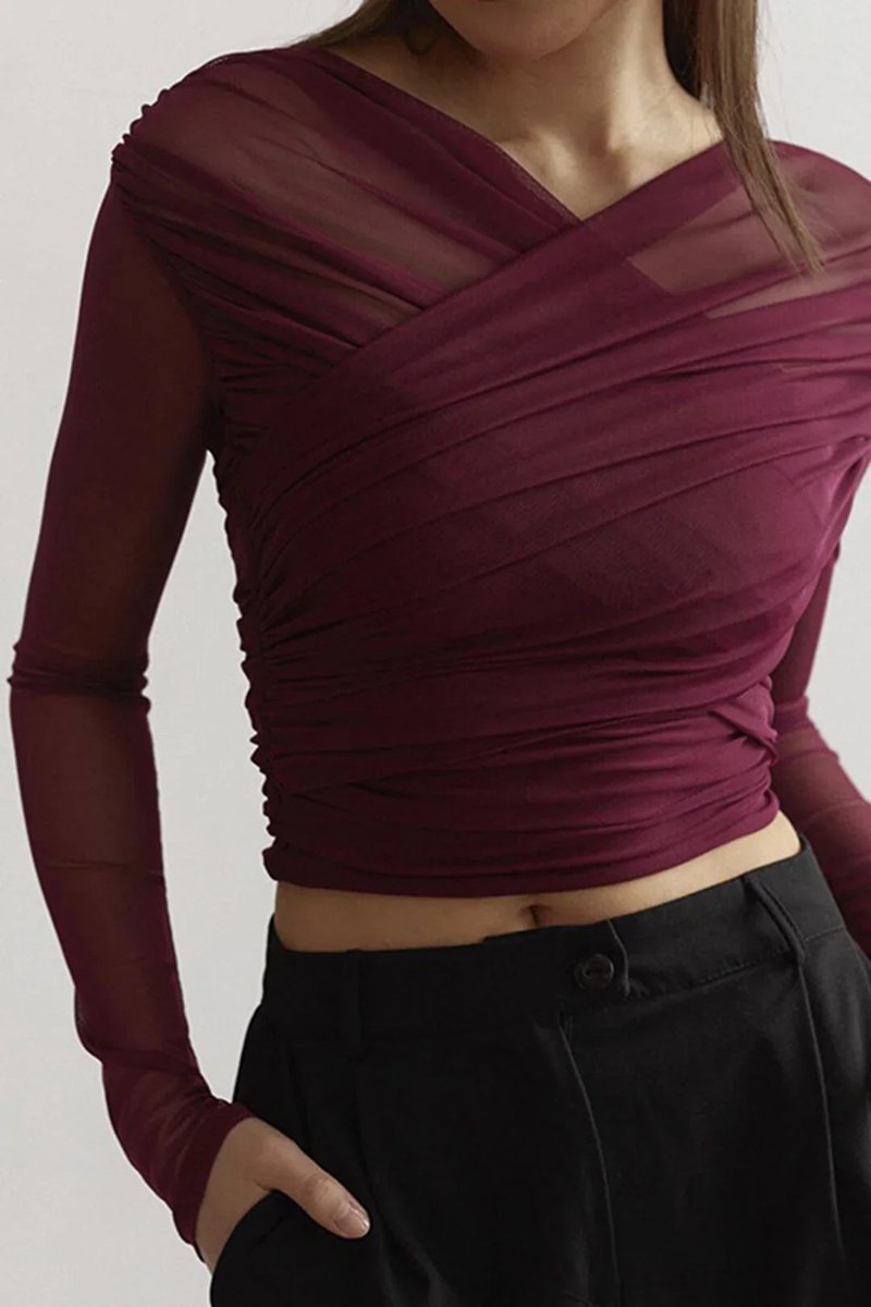 Women's Sheer Pleated Long-Sleeve Wrap Blouse Top