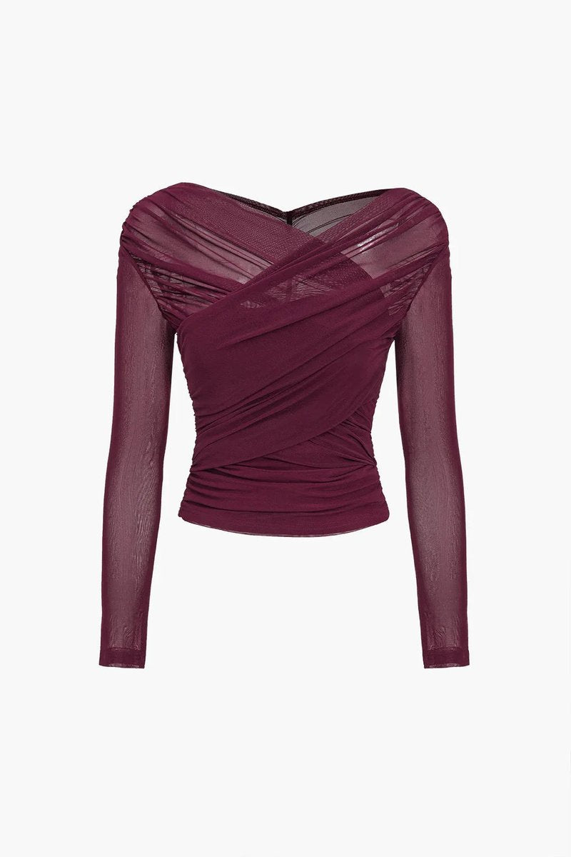 Women's Sheer Pleated Long-Sleeve Wrap Blouse Top