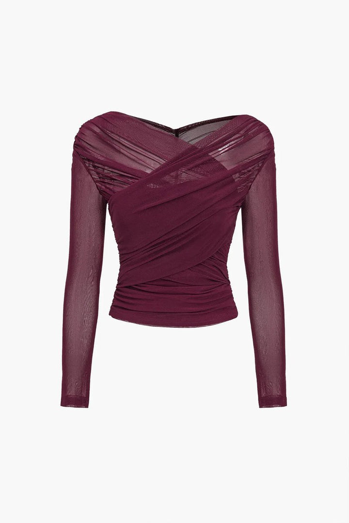 Women's Sheer Pleated Long-Sleeve Wrap Blouse Top