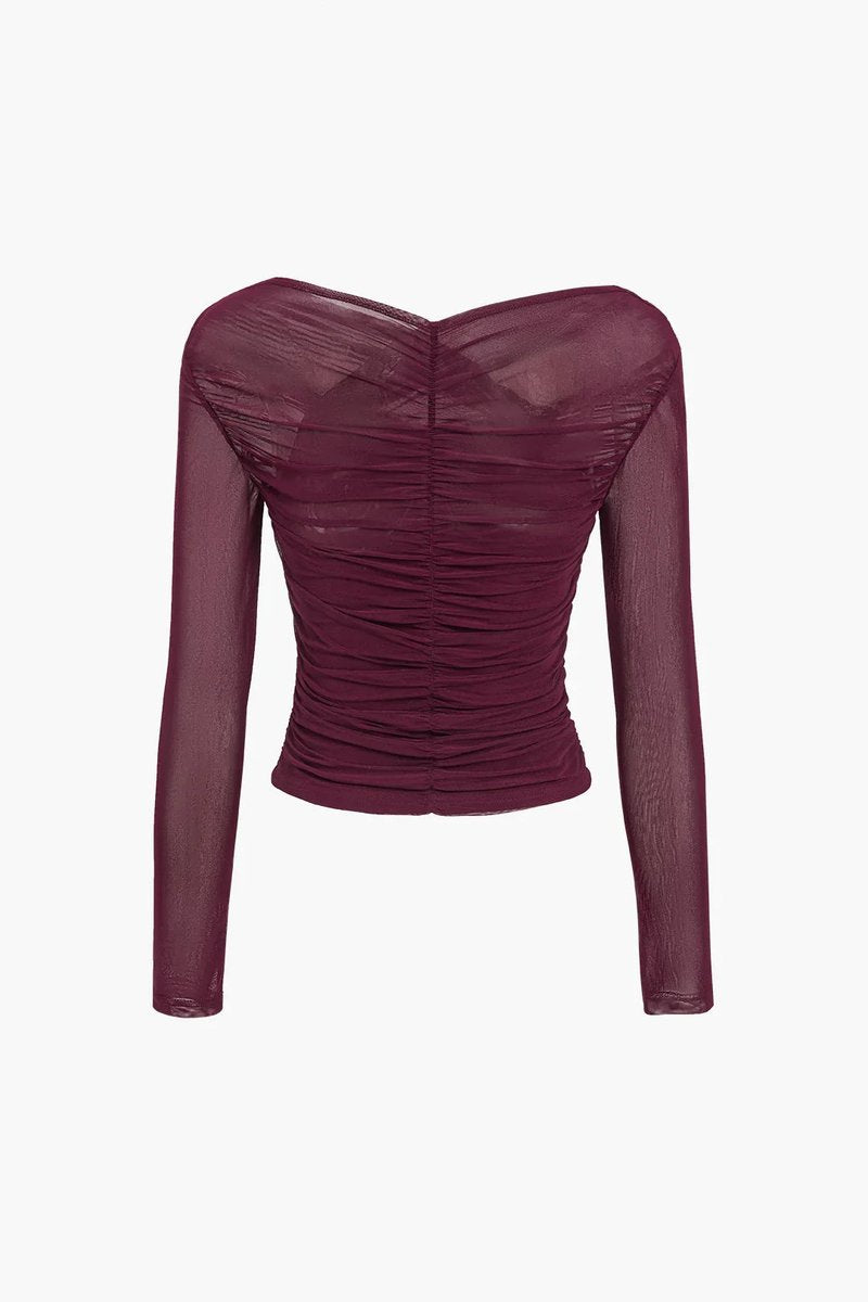Women's Sheer Pleated Long-Sleeve Wrap Blouse Top