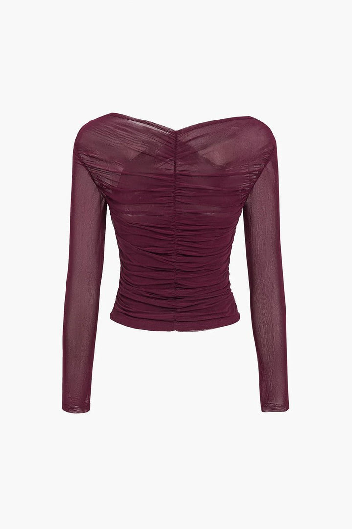Women's Sheer Pleated Long-Sleeve Wrap Blouse Top