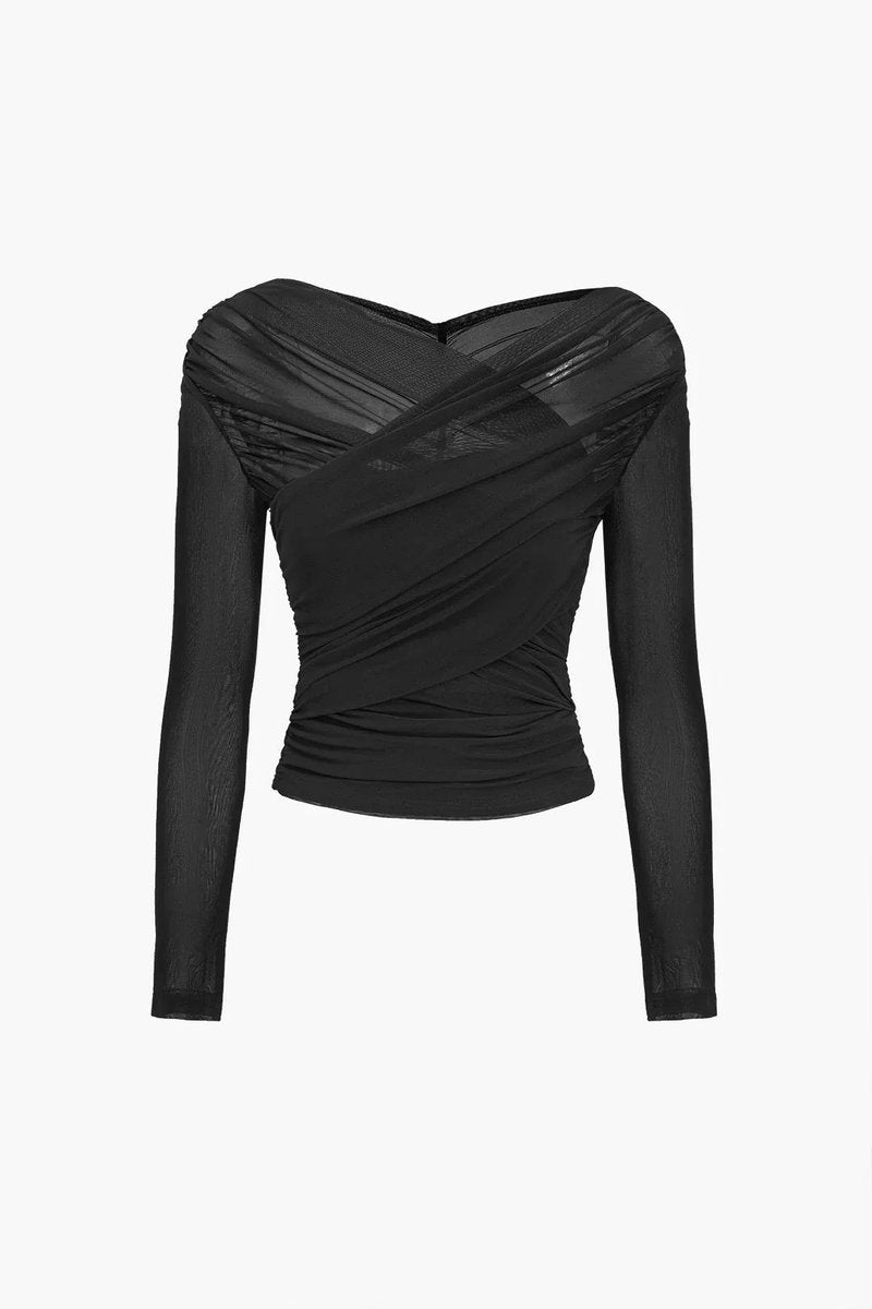 Women's Sheer Pleated Long-Sleeve Wrap Blouse Top