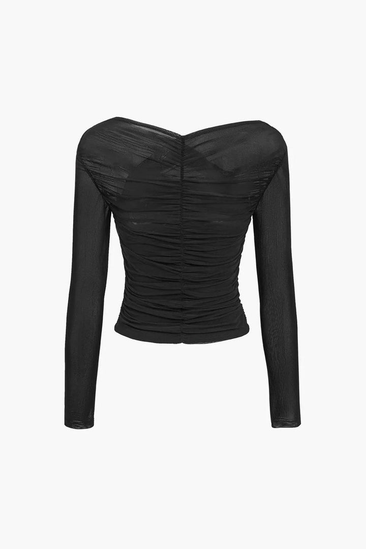 Women's Sheer Pleated Long-Sleeve Wrap Blouse Top