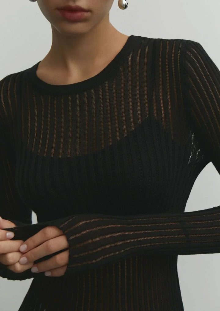 Women's Sheer Ribbed Long-Sleeve Knit Top