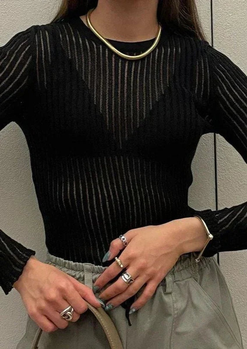 Women's Sheer Ribbed Long-Sleeve Knit Top