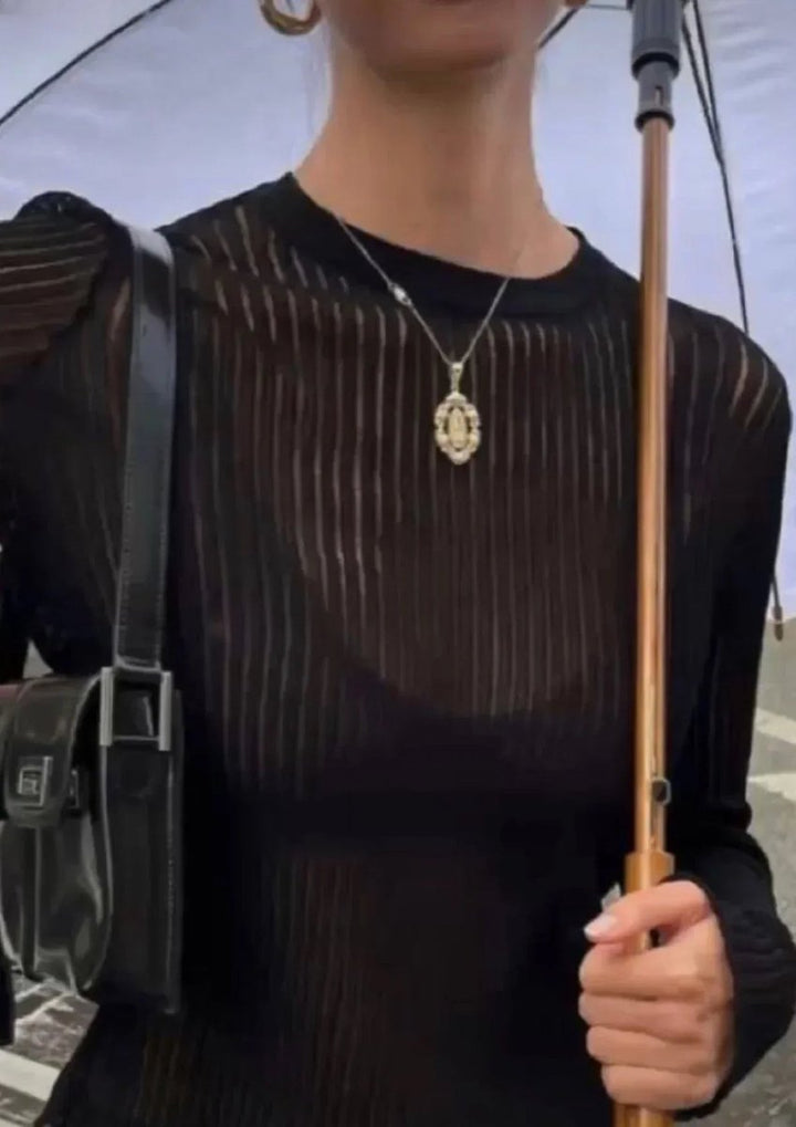 Women's Sheer Ribbed Long-Sleeve Knit Top