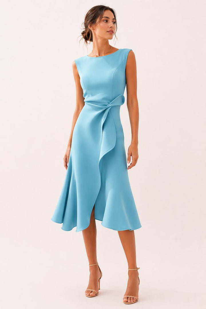 Women's Sleeveless Boat-Neck Everyday Day Dress Asymmetric Ruffle Midi