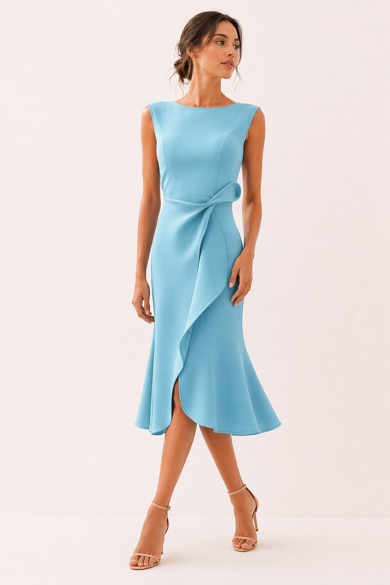 Women's Sleeveless Boat-Neck Everyday Day Dress Asymmetric Ruffle Midi