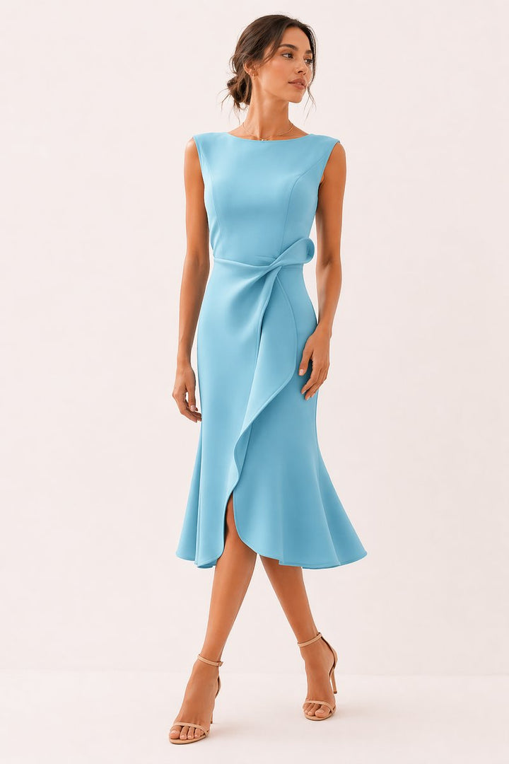 Women's Sleeveless Boat-Neck Everyday Day Dress Asymmetric Ruffle Midi