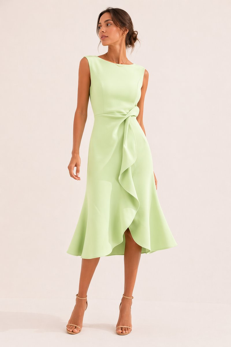 Women's Sleeveless Boat-Neck Everyday Day Dress Asymmetric Ruffle Midi